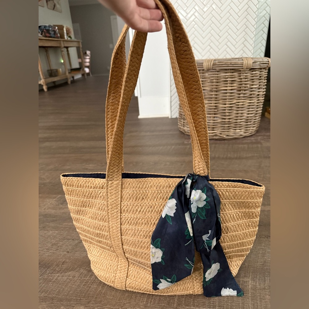 Draper James Tan and Blue Woven Tote Bag